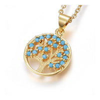 Stainless Steel Pendant Necklace Zirconia Round Life Tree Blue Gold 17.7' A284