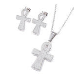 Stainless Steel Set Pendant Necklace Earrings Textured Cross Gold 17.7'' P817