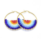 Stainless Steel Hoop Earrings Glass Beads Black Gold Blue Green 56x54x56mm P347