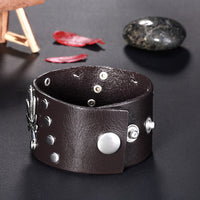 Leather Bracelet Handmade  Black 9 Inches 38MM Button Clasp L503