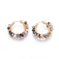 Stainless Steel Hoop Earrings Pearl Ring White Gold Agate Tiger Eye Howlite P326