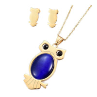 Stainless Steel Set Pendant Necklace Earrings Beads Owl White Blue  17.7" P749