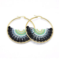 Stainless Steel Hoop Earrings Glass Beads Black Gold Blue Green 56x54x56mm P347
