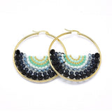Stainless Steel Hoop Earrings Glass Beads Black Gold Blue Green 56x54x56mm P347