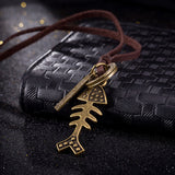 Genuine Leather Necklace Unisex Pendant Fish Bone Adjustable Si Slide Clasp B476