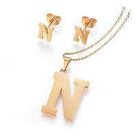 Stainless Steel Pendant 1.2" Earrings Necklace 17.7" Alphabet Letter Gold P813