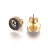 Gold Tone Stainless Steel Stud Earrings Enamel Round Butterfly Black A183