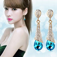 Gold Plated Brass Rhinestone Teardrop Stud Earrings Crystal 46x10mm Z268