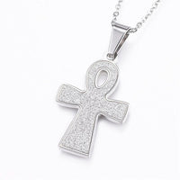 Stainless Steel Set Pendant Necklace Earrings Textured Cross Gold 17.7'' P817