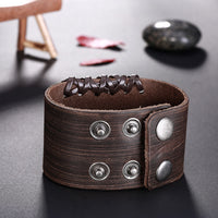 Leather Bracelet Handmade Black Brown 9 Inches 44MM Button Clasp L522