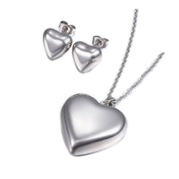 Stainless Steel Pendant Necklace Stud Earrings Set Heart Silver 18" P805