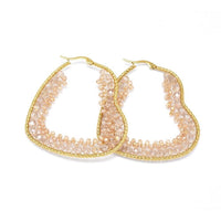 Stainless Steel Hoop Earrings Glass Beads Heart Gold DarkCyan 57.5x50x4mm  P619
