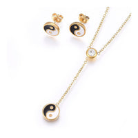 Stainless Steel Set Necklace Stud Earrings Enamel Yin Yang Gold Silver 17" P468