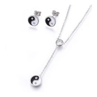 Stainless Steel Set Necklace Stud Earrings Enamel Yin Yang Gold Silver 17" P468