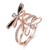 Rose Gold Platinum Plated Ring Black AAA Zirconia Women Dragonfly B164