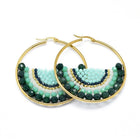 Stainless Steel Hoop Earrings Glass Beads Black Gold Blue Green 56x54x56mm P347