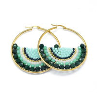 Stainless Steel Hoop Earrings Glass Beads Black Gold Blue Green 56x54x56mm P347