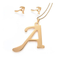 Stainless Steel Pendant 2" Earrings Necklace 17.7" Set Alphabet Letter Gold P814