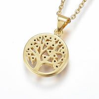 Stainless Steel Pendant Necklace Zirconia Round Life Tree Blue Gold 17.7' A284