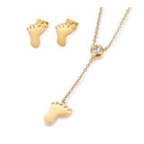 Stainless Steel Set Earrings Pendant Necklace Foot Feet Gold Silver 16.54" P732