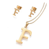 Stainless Steel Pendant 1.2" Earrings Necklace 17.7" Alphabet Letter Gold P813