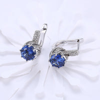Platinum Plated Earrings Hoop Huggies AAA Zirconia Blue Latch Back Clasp L588