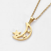 Stainless Steel Set Earring Pendant Necklace Moon Star Gold 18" P778