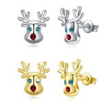 Stud Earrings Zirconia Christmas Rudolph Reindeer Platinum Gold 10x12mm P135