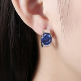 Platinum Plated Earrings Hoop Huggies AAA Zirconia Blue Latch Back Clasp L586