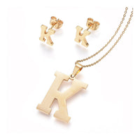 Stainless Steel Pendant 1.2" Earrings Necklace 17.7" Alphabet Letter Gold P813