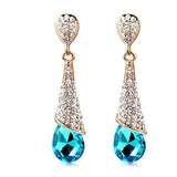 Gold Plated Brass Rhinestone Teardrop Stud Earrings Crystal 46x10mm Z268