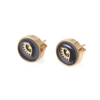 Gold Tone Stainless Steel Stud Earrings Enamel Round Butterfly Black A183