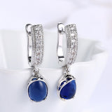 Platinum Plated Earrings Drop Dangle AAA Zirconia Blue Latch Back Clasp L591