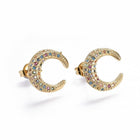 Pave Cubic Zirconia Stud Earrings Moon Gold ful 12x11.5x2.3mm Pin 0.7mm P343