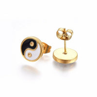 Stainless Steel Set Necklace Stud Earrings Enamel Yin Yang Gold Silver 17" P468