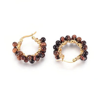 Stainless Steel Hoop Earrings Pearl Ring White Gold Agate Tiger Eye Howlite P326