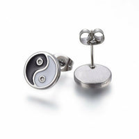 Stainless Steel Set Necklace Stud Earrings Enamel Yin Yang Gold Silver 17" P468