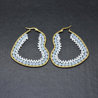 Stainless Steel Hoop Earrings Glass Beads Heart Gold DarkCyan 57.5x50x4mm  P619