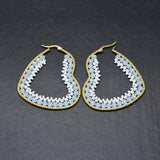 Stainless Steel Hoop Earrings Glass Beads Heart Gold DarkCyan 57.5x50x4mm  P619