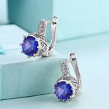 Platinum Plated Earrings Hoop Huggies AAA Zirconia Blue Latch Back Clasp L588