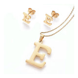 Stainless Steel Pendant 1.2" Earrings Necklace 17.7" Alphabet Letter Gold P813