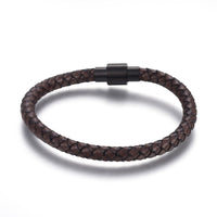 Leather Cord Bracelet Stainless Steel Magnetic Clasp Gunmetal Rown 8.3" A59