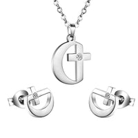 Stainless Steel Women's Unisex SetNecklace Earrings Moon Cross AAA Zirconia Y56