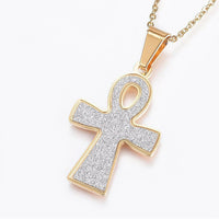 Stainless Steel Set Pendant Necklace Earrings Textured Cross Gold 17.7'' P817