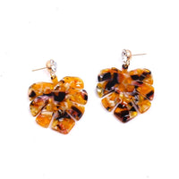 Resin Dangle Earrings Gold Tone Alloy Findings Rhinestone Leaf Colorful 2" P605
