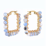 201 Stainless Steel Hoop Earrings Natural Agate Bead Rectangle Gold A178