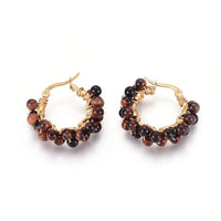 Stainless Steel Hoop Earrings Pearl Ring White Gold Agate Tiger Eye Howlite P326
