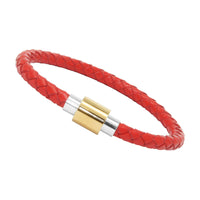 Unisex Men's Genuine Braided Leather Stainless Steel Magnetic Clasp Bracelet Red