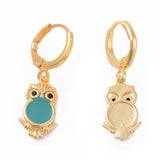 Brass Hoop Earrings Enamel Rhinestone Owl Gold Mixed Color 30mm pin 0.9mm  P598