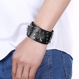 Leather Bracelet Handmade  Black 9 Inches 38MM Button Clasp L503